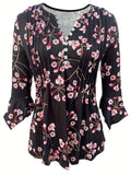 xakxx xakxx-  New Printed Shirt Women V Neck Button Fold Mid Sleeve Lady High Quality Elegant Top Autumn Blouse