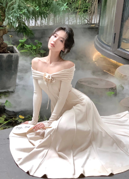xakxx Fashion Women Elegant Off Shoulder Party Dress French Solid Lady Vintage Long Sleeve Maxi Dresses Sexy New Flora Vestidos Robe