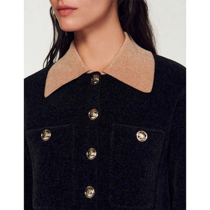 xakxx  Fall Woman Clothing Vintage Black Corduroy Patchwork Colorblocking Slim Fit Knitted Jacket