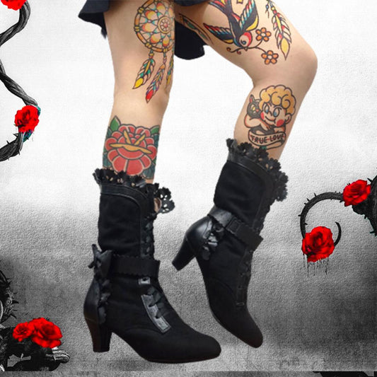 xakxx Halloween Brand New Big Size 43 Sweet Bowknot Ruffles Med Heels Shoelace Gothic Lolita Style Mid Calf Boots Women Shoes