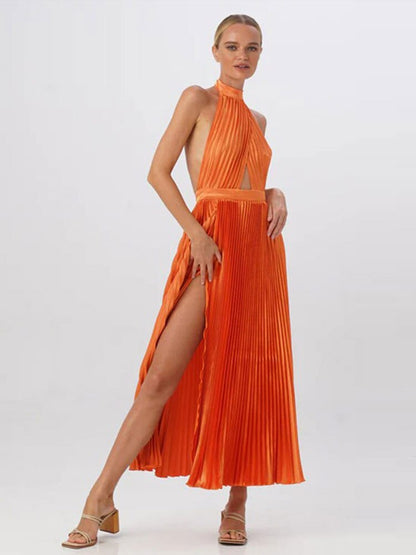 xakxx Women Chic Solid Hollow Out Lace Up Dresses Spring Casual Solid Slim A Line Beach Robe Sexy Halter Backless Slit Pleated Dress