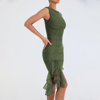 xakxx Summer Round Neck Sleeveless Ruffle Bodycon Dress Women Slim Backless Tierred Pleated Party Dresses evening Clubwear