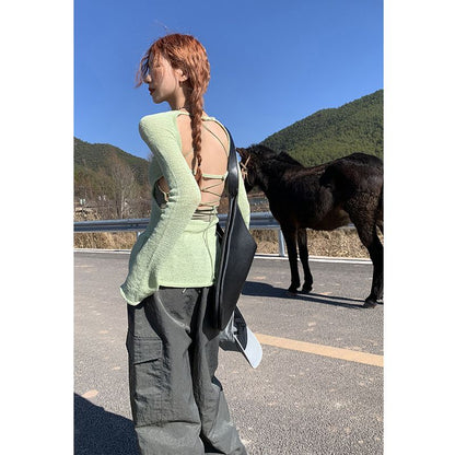 xakxx Summer Thin Green Pullover Women Vintage O-neck Backless Long Sleeve Tops Hollow Out Knit Sweater Sunscreen Y2K T-shirts