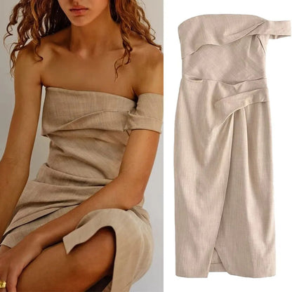 xakxx- New Women's Clothes  Casual Versatile Sexy Ruili Sweet Retro Asymmetric Straight Dress