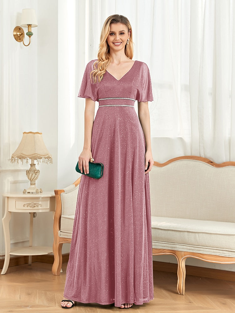 xakxx Elegant Evening Dresses Floor Lenght V-Neck Green Chiffon Split Short Sleeves Bridesmaid Party Long Wome Prom Dress