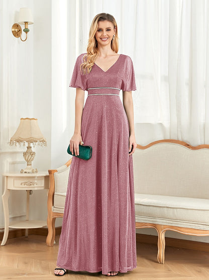 xakxx Elegant Evening Dresses Floor Lenght V-Neck Green Chiffon Split Short Sleeves Bridesmaid Party Long Wome Prom Dress
