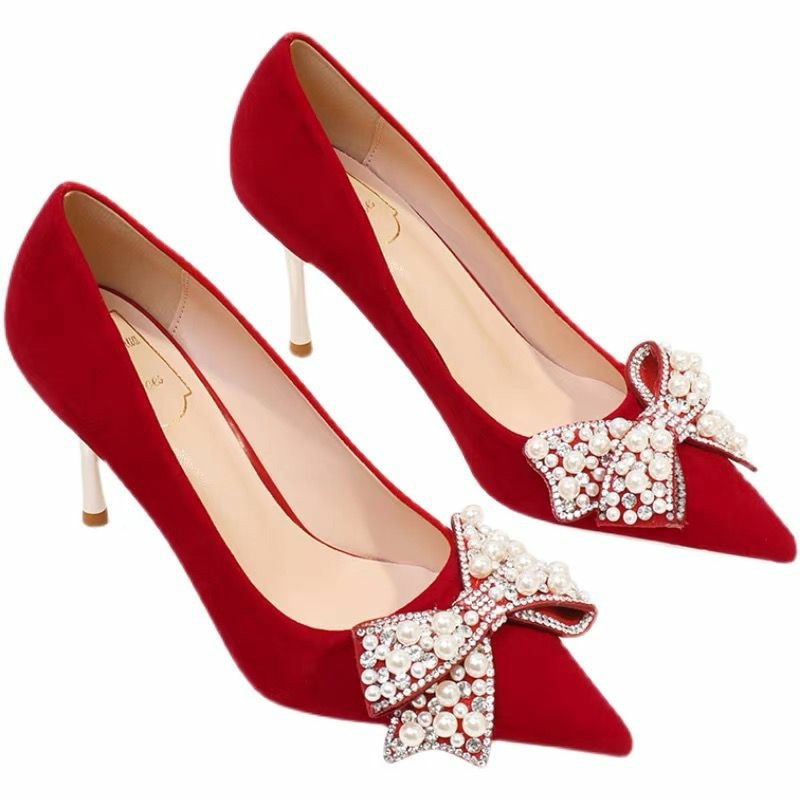 xakxx Sexy Red Velvet Wedding Shoes For Women  Luxury Pearl Bowknot Pointed Toe Pumps Woman Stiletto High Heels Dress Shoes