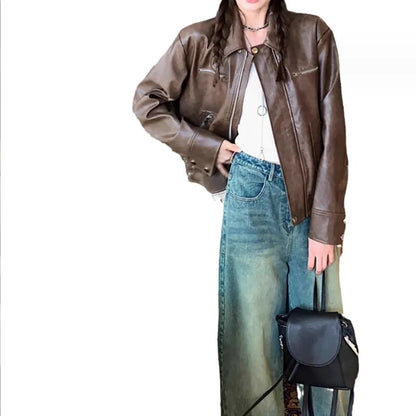 xakxx-Leather Short Coat Women  Autumn Vintage PU Loose Coffee Motorcycle Jacket Fashion Black Leather Coat For Women
