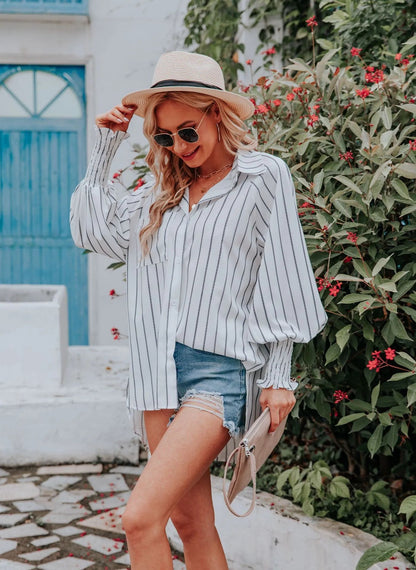 xakxx- Classic Black White Striped Shirts Women Autumn Polo-Neck Single-Breasted Long Sleeve Cardigan Blouse Plus Size Casual Tops