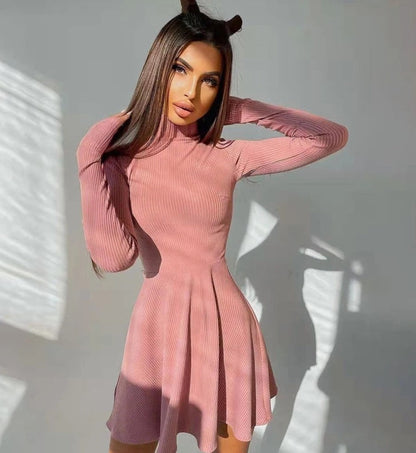 xakxx Spring Long Sleeve Solid Dress Girl A-line Pleated Skirt Prom Party Dance Clothes French Hollow Backless Dress for Women