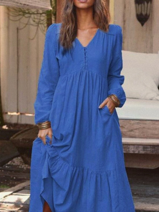 xakxx Women's Summer Dress  New Loose Korean Fashion V-Neck Long Beach Elegant Holiday Single Breasted Mid-Calf Vintage Dress Robe