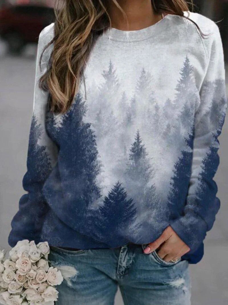xakxx- Art Graphics T Shirt Women Loose Long Sleeve Sports Sweatshirt Female Natural Scenery Printed Tops Autumn Clothing