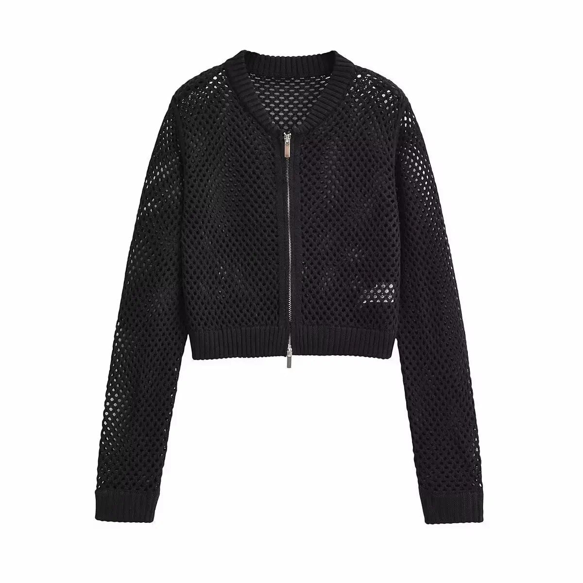 xakxx- New women's clothing temperament fashion versatile stand collar long sleeve hollow knit short bomber jacket