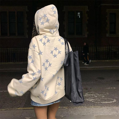 xakxx Vintage Star Pattern Hoodie Women Men Fairy Grunge Long Sleeve Zipper Jacket Harajuku Oversize Sweatshirt Streetwear Y2K Clothes