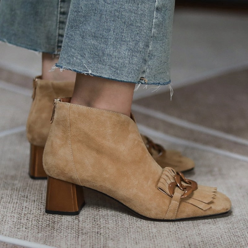 xakxx Autumn/Winter Women Boots Sheep Suade Round Toe Square Heel Mid-Heel Ankle Boots Fringed Zipper Fashion Office Lady Shoes