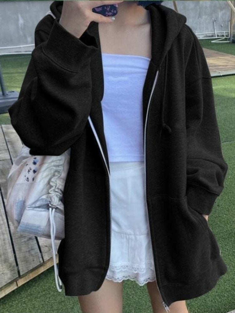 xakxx Korean Style Oversize Gray Hoodies Women Streetwear Loose Hooded Sweatshirt Female Casual Black Long Sleeve Tops Jacket
