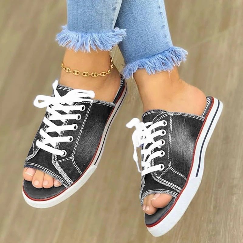 xakxx Women Canvas Flat Slipper Woman Lace Up Ladies Peep Toe New Women's Casual Female Fashion Denim Beach Shoes Plus Size 35-43