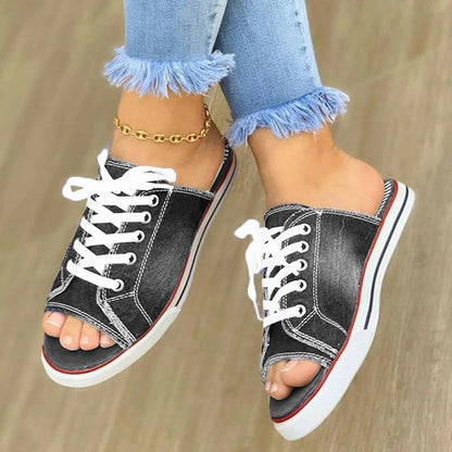 xakxx Women Canvas Flat Slipper Woman Lace Up Ladies Peep Toe New Women's Casual Female Fashion Denim Beach Shoes Plus Size 35-43