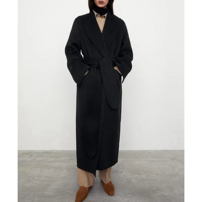 xakxx Winter Female Clothing Reversible Wool Casual Belted Long Tweed Coat Jackets for Women