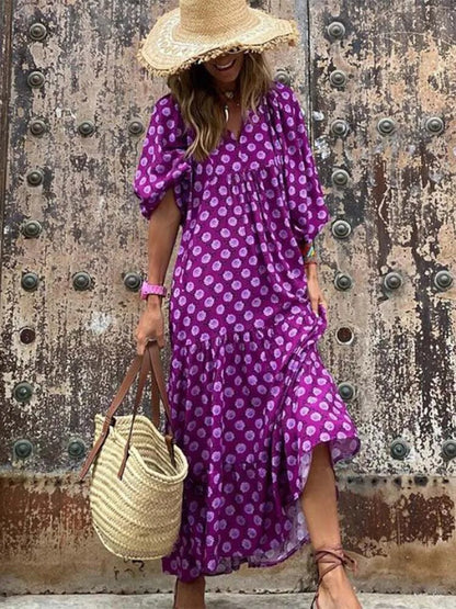 xakxx- Half Bubble Sleeves V-Neck Long Dress Women's Casual Loose Maxi Dress Green Geometric Printed Robe Bohemian Party Dresses