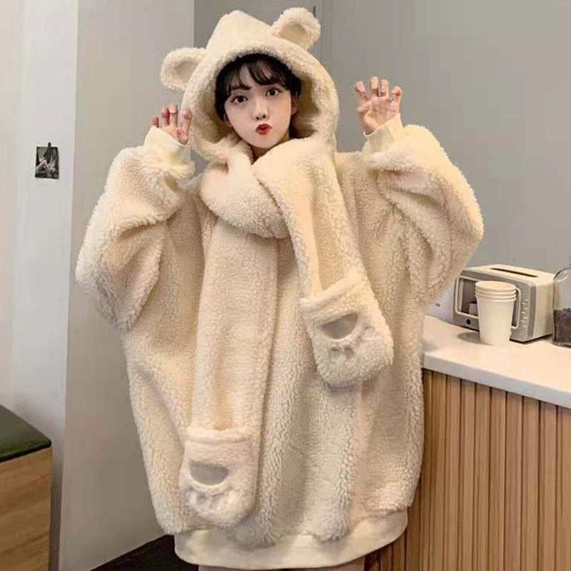 xakxx Black Friday Women Lamb Wool Two Piece Hoodies Kawaii Bear Ear Cap Faux Fur Loose Ladies Pullovers Warm Plush Thick Sweatshirts Top