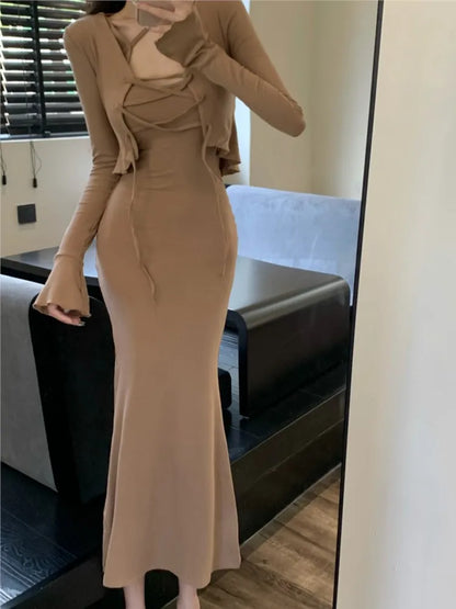 xakxx Spring Sexy Women Elegant Bodycon Dress Sets Slim Vintage Strap Party Vestidos Cardigans 2 Pieces Female Korean Fashion Outfits