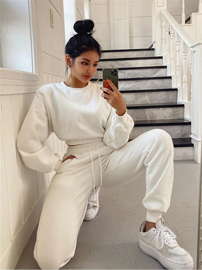 xakxx Women Pullover Hoodies Sweatshirts Suit Winter Spring Solid Casual Tracksuit Fleece 2 Pieces Set Sweatpants Quality Outfits