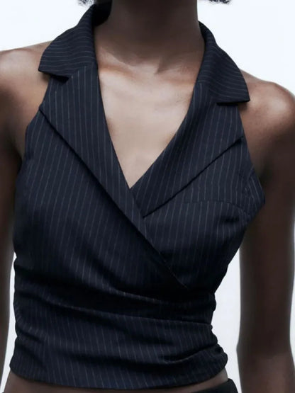 xakxx xakxx- Autumn New  Temperament Fashion Versatile Sexy Design Sense Small Polo Collar Sleeveless Pinstripe Suit Vest Vest