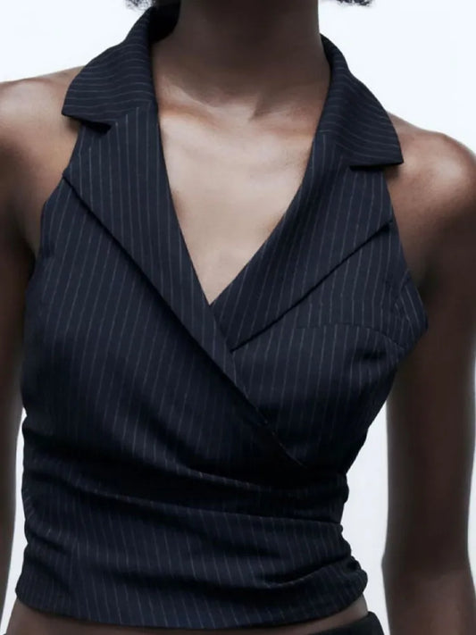 xakxx xakxx- Autumn New  Temperament Fashion Versatile Sexy Design Sense Small Polo Collar Sleeveless Pinstripe Suit Vest Vest