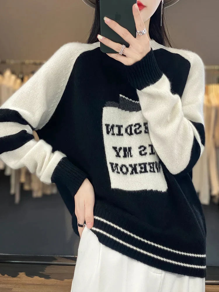 xakxx xakxx-Autumn and winter letter jacquard embroidery cashmere sweater sweater women's pullover loose and fattening.