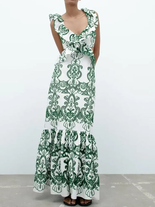 xakxx- New women's casual sexy  V-neck halter tie green embroidery sleeveless layered dress 3152032