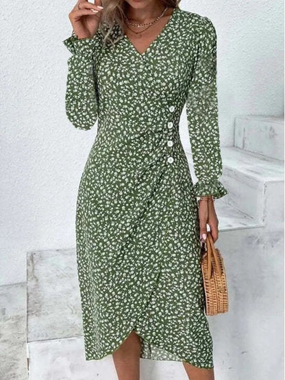 xakxx-  Autumn Floral Bodycon Midi Dress For Women V Neck Long Sleeve Ruched Slim Fit Dresses Female Sexy Vestido Robe