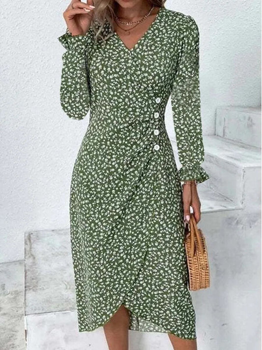 xakxx-  Autumn Floral Bodycon Midi Dress For Women V Neck Long Sleeve Ruched Slim Fit Dresses Female Sexy Vestido Robe
