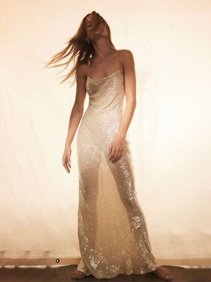 xakxx Fashion Slim Backless Perspective Dress Ladies Party Banquet Evening Dress Women Sexy Sequin Translucent Suspender Maxi Dress