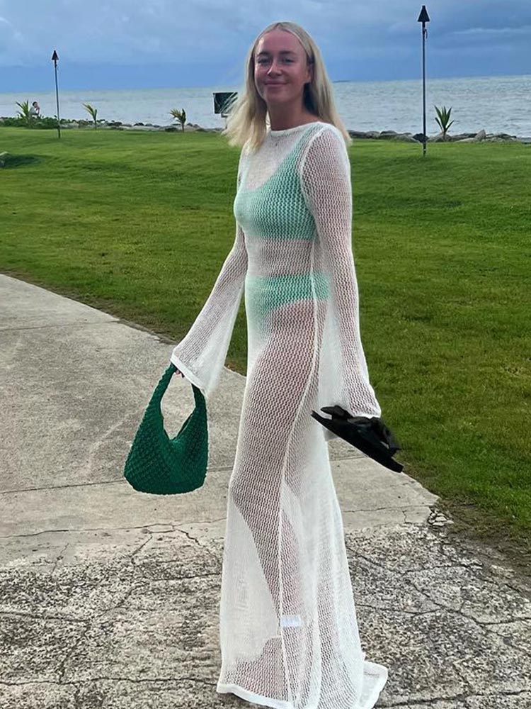 xakxx Mesh See Through Backless Beach Dresses Women O Neck Long Sleeve Sheer Long Dress Summer Lady Holiday Vestidos