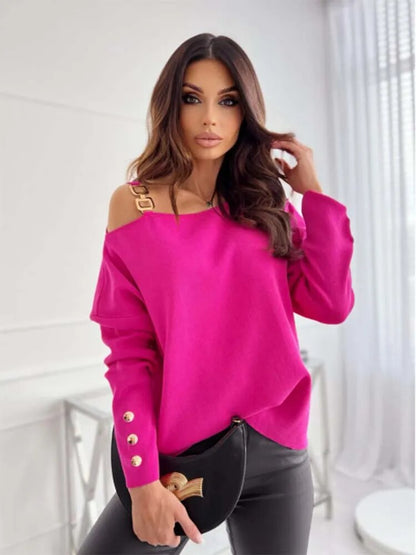 xakxx- Asymmetric Off Shoulder Tops Women Long Sleeve Chain Shirts Autumn Tunic Elegant High Street OL Blouse