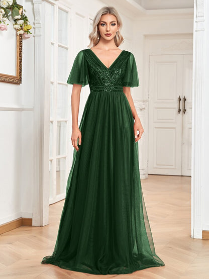 xakxx Elegant Evening Dresses A-LINE Chiffon Short Sleeve V-Neck  Simple Sequins Wedding Party Bridesmaid Dress Women