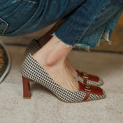 xakxx Retro Fashion Women's Shoes Thousand Bird Lattice Soft Leather Ladies Pumps Spring Square Toes Chunky Heels Female Shoes