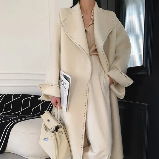 xakxx-New Women Simple Arch Needle Doulbe-sided Wool Coat Loose Long Lapel Lace-up Fashion Woolen Jacket Warm Outerwear Autumn Winter