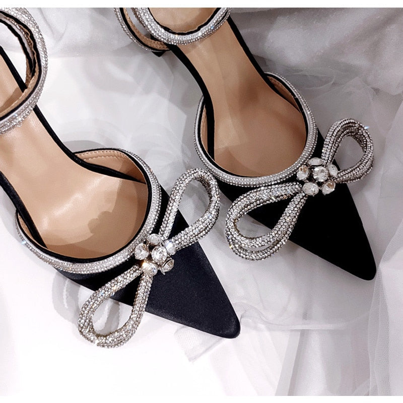 Back to school  Hot Glitter Rhinestones Women Pumps Crystal bowknot Satin Summer Lady Shoes Genuine leather High heels Party Prom Shoes