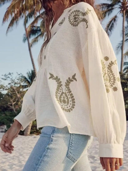 xakxx xakxx - New women's embroidered cotton shirt V-neck long-sleeve cuffs pleated design contrast embroidery decoration