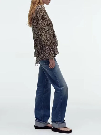 xakxx - New women's  temperament fashion sweet Riley casual sexy thin overlay decorative print shirt