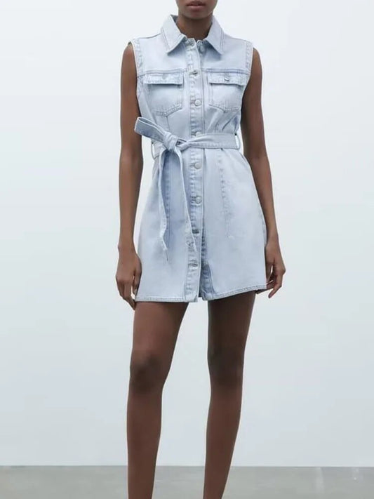 xakxx- New women's clothing, temperament, fashion, casual fashion, all-match denim dress with the same fabric bow belt and belt