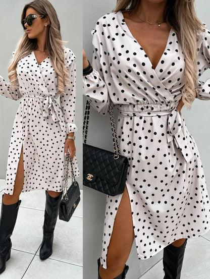 xakxx- Sexy Black Shirt Dress Women One Piece Deep V Neck Long Sleeve Mini Blouse Split Skirt Dresses Autumn
