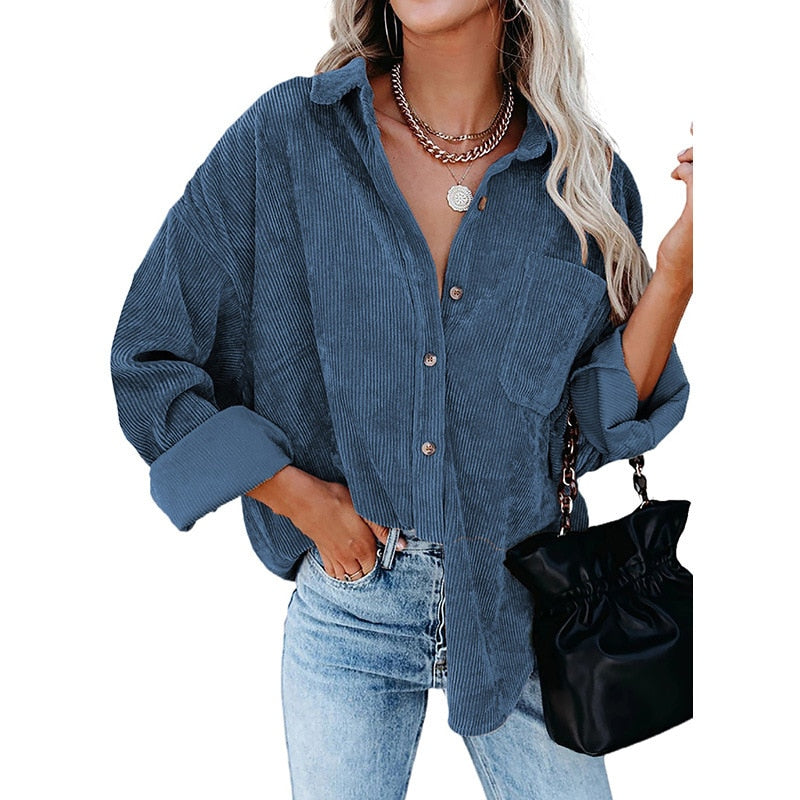 xakxx  Autumn Fashion Vintage Corduroy Blouse Jacket Strip Shirt Women Cotton Casual Tops Button Pocket Loose Blouse Outwear