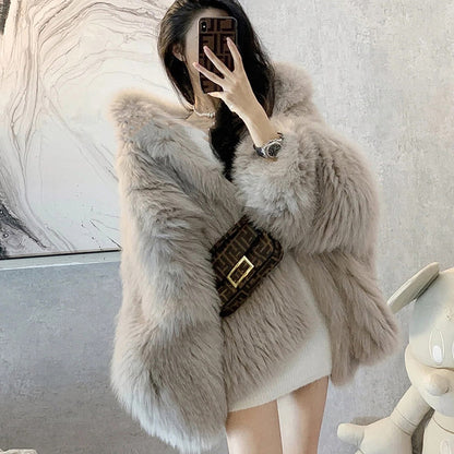 xakxx High Quality Luxury Faux Fur Coats Women Loose Hooded Fox Fur Jacket Fashion Warm Thick Coat Girl Winter Fluffy Furry Fur Jacket
