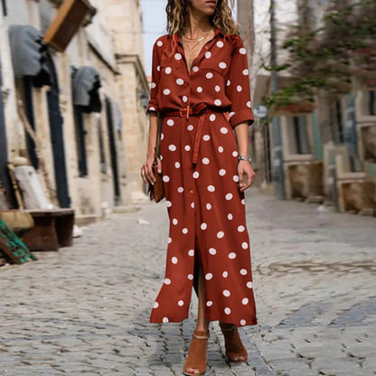 xakxx- Classic Polka Dot Dress Women Polo Neck Long Sleeve Buttons Dresses Office Lady Casual Dot H Feminino Vestidos Robes