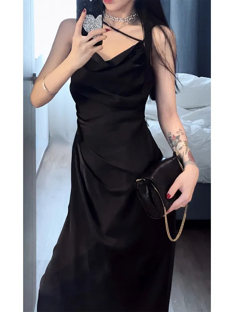 xakxx Sexy Sleeveless Strap Women Midi Dress Fashion Club Even Party Stain Clothes Slip Pure Color  Summer Robe For Fiesta Banquet