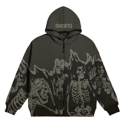 xakxx Vintage Printed Hoodies High Street Zip Up Hooded Sweatshirt Jacket Harajuku Goth Oversized Autumn Winter Streetwear Hoodie Tops
