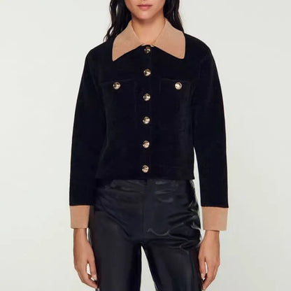 xakxx  Fall Woman Clothing Vintage Black Corduroy Patchwork Colorblocking Slim Fit Knitted Jacket